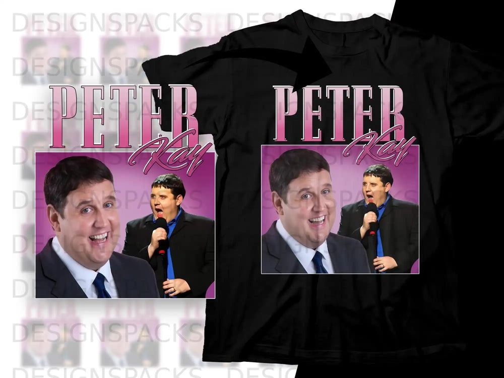 Peter Kay t-shirt featuring a comedian with a microphone and the text "PETER KAY".