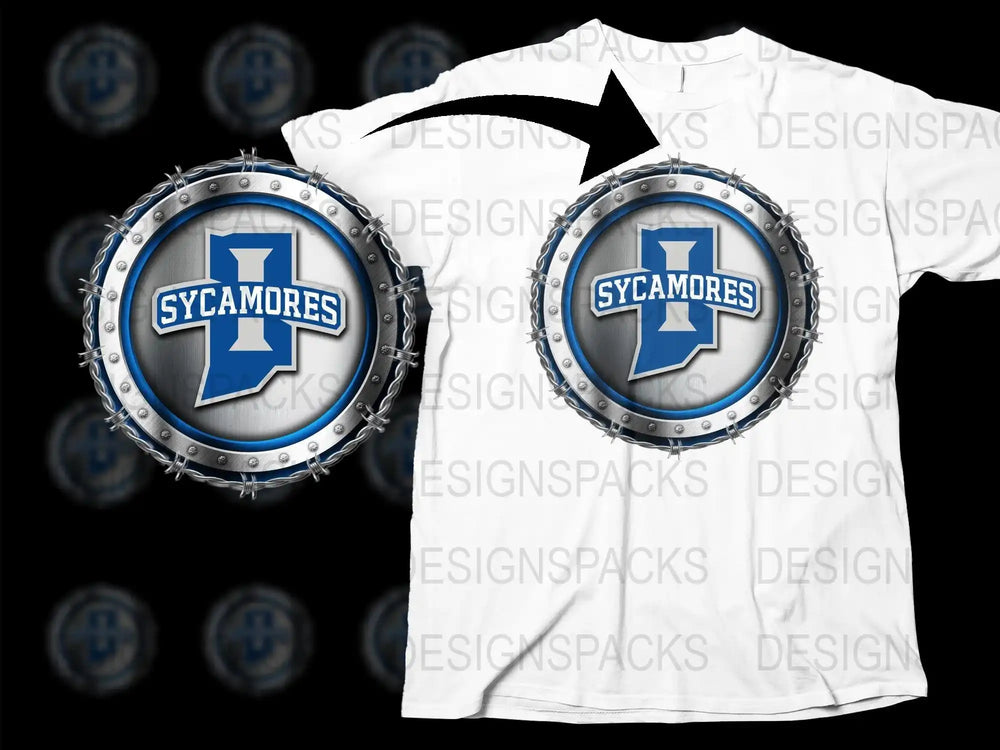 Sycamores t-shirt design with metallic circular frame and blue Indiana state outline