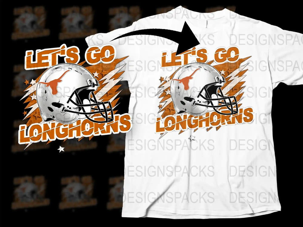 Let's Go Longhorns Sports Team T-Shirt, Football Helmet Graphic Tee, Orange and White