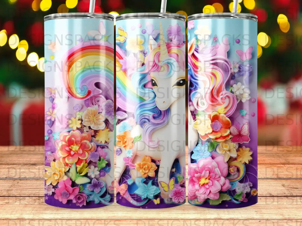 Unicorn with rainbow mane surrounded by colorful flowers and butterflies.