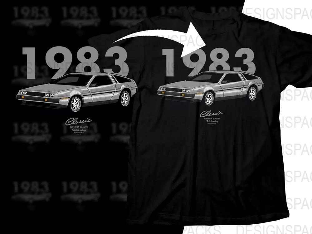 1983 DeLorean classic car t-shirt design, print-ready PNG for DTG/DTF, vintage auto graphic