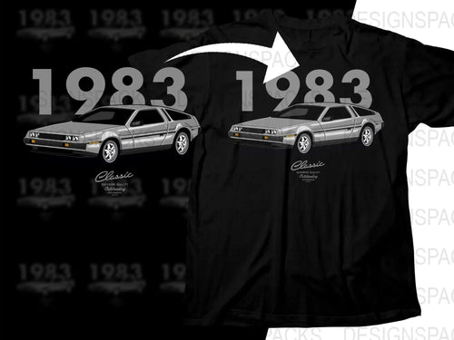 1983 DeLorean classic car t-shirt design, print-ready PNG for DTG/DTF, vintage auto graphic