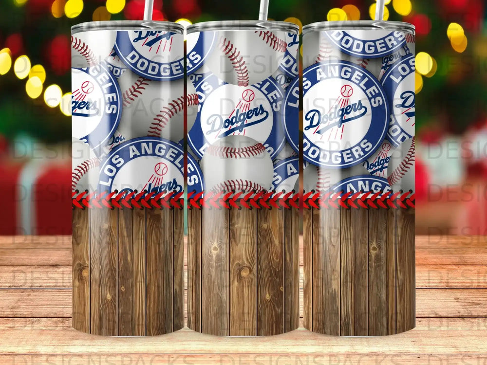 Dodgers baseball themed tumblers with wooden base and holiday lights.