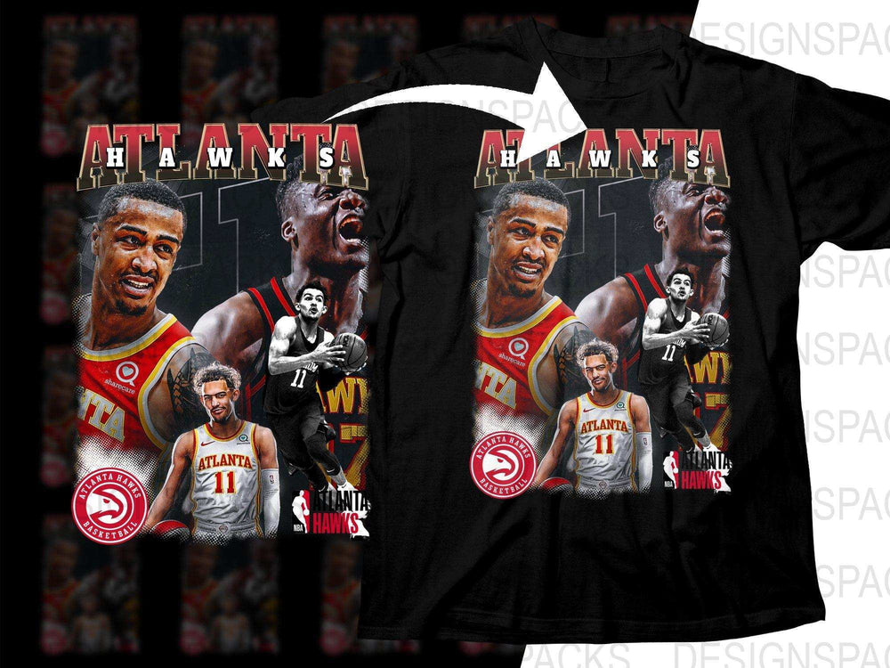 Atlanta Hawks basketball team design on black t-shirt, featuring players in action and team logos.