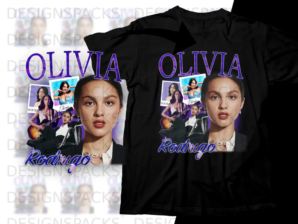 Olivia Rodrigo "Sour" graphic t-shirt with artist's portrait and guitar.
