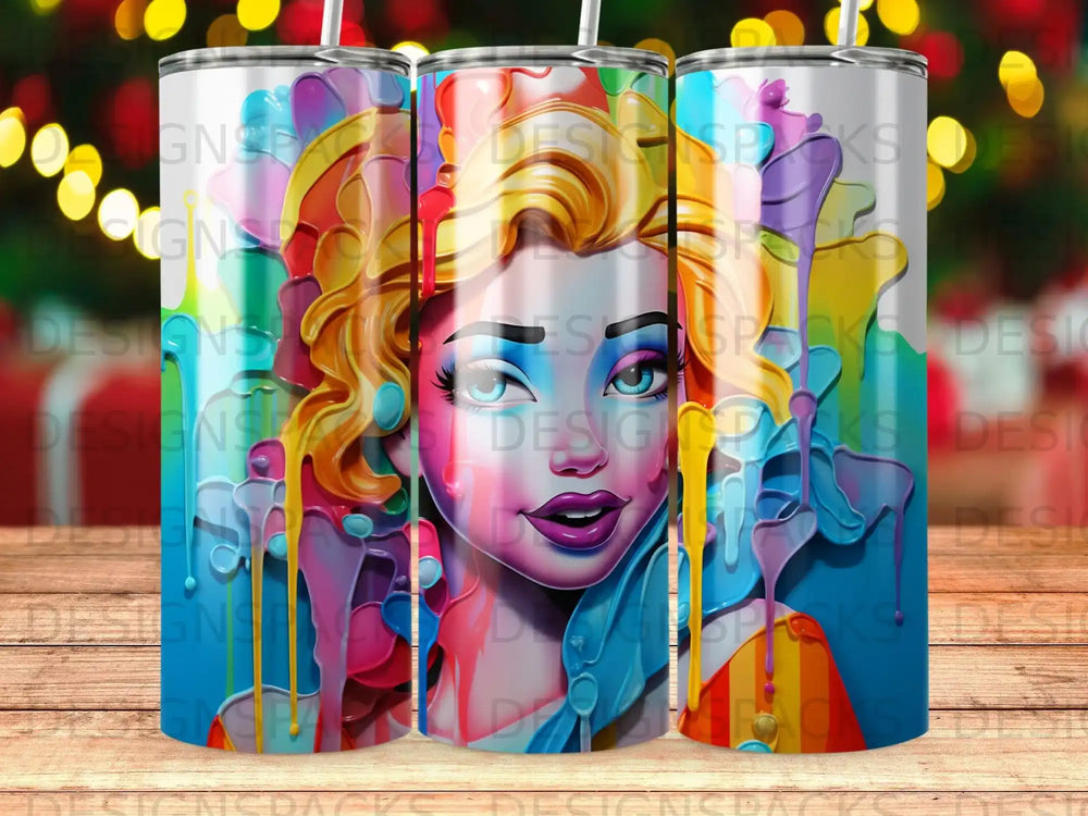 Woman with colorful, drippy hair and makeup, close-up on a tumbler.