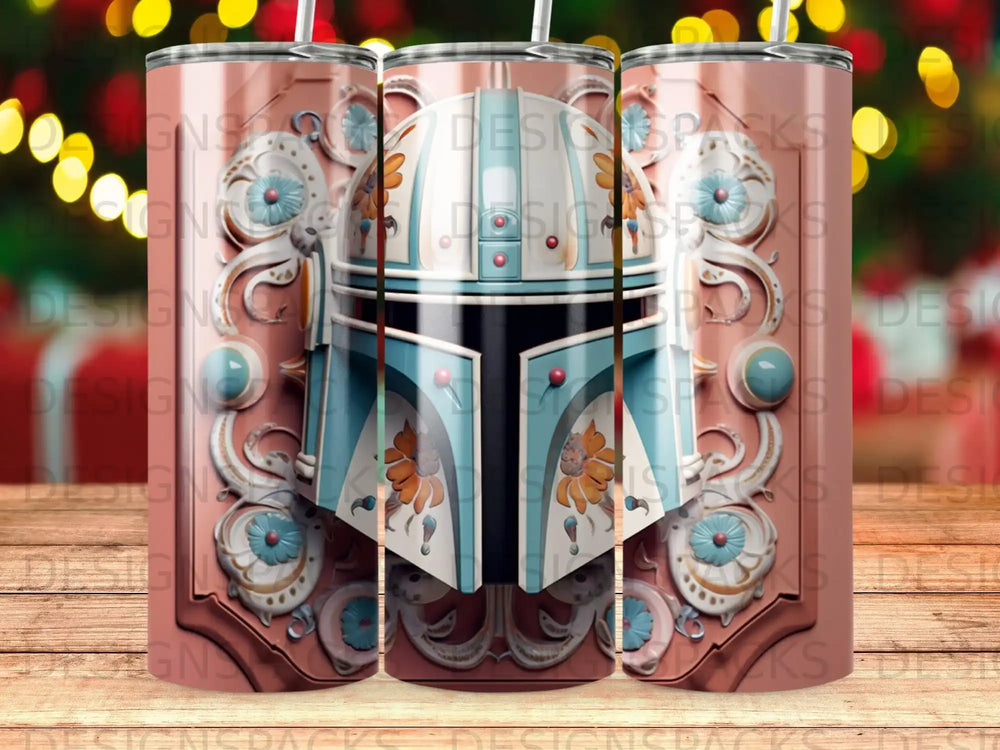 Mandalorian helmet with floral accents on a tumbler wrap pattern.