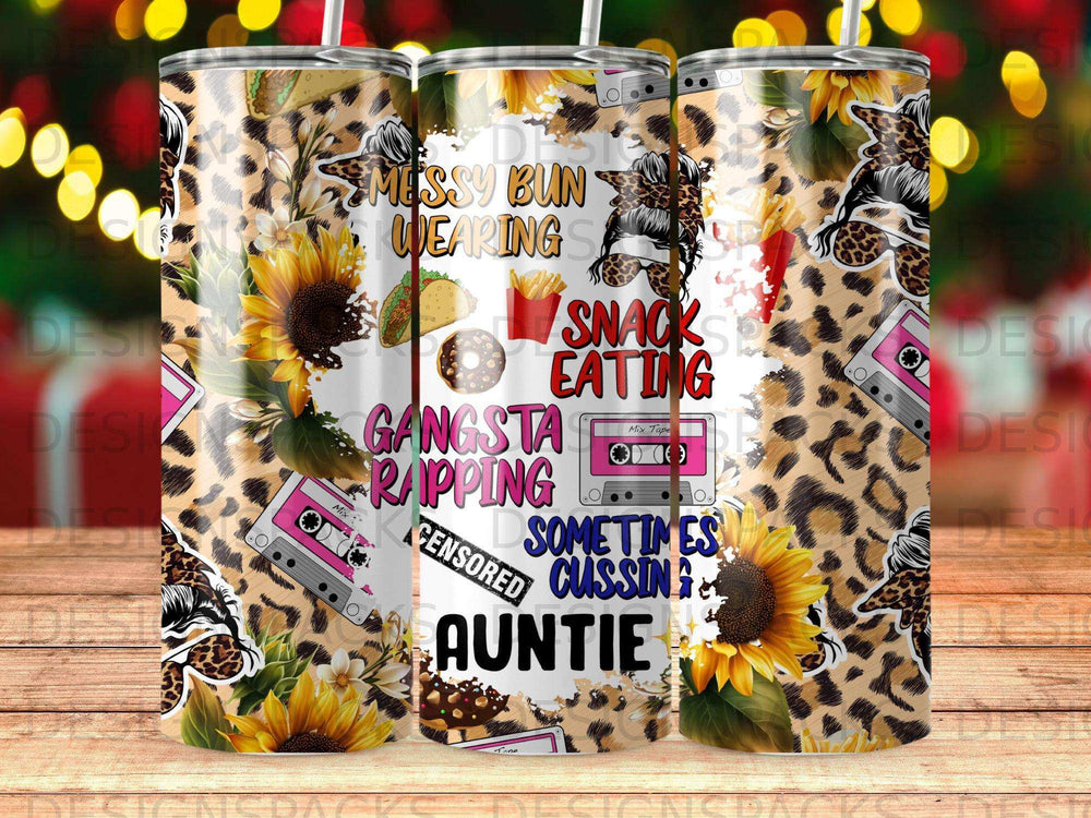 Tumbler with leopard print, sunflowers, cassette tapes, and text.