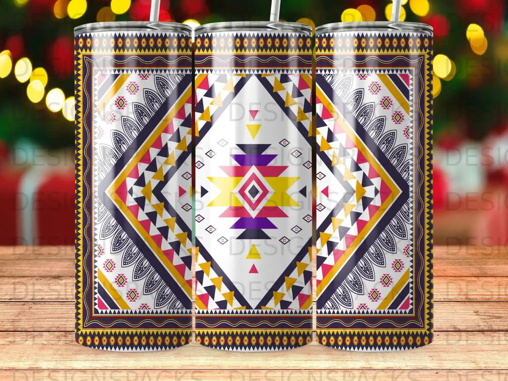 Tumbler with a colorful geometric Southwestern pattern and a textured background.