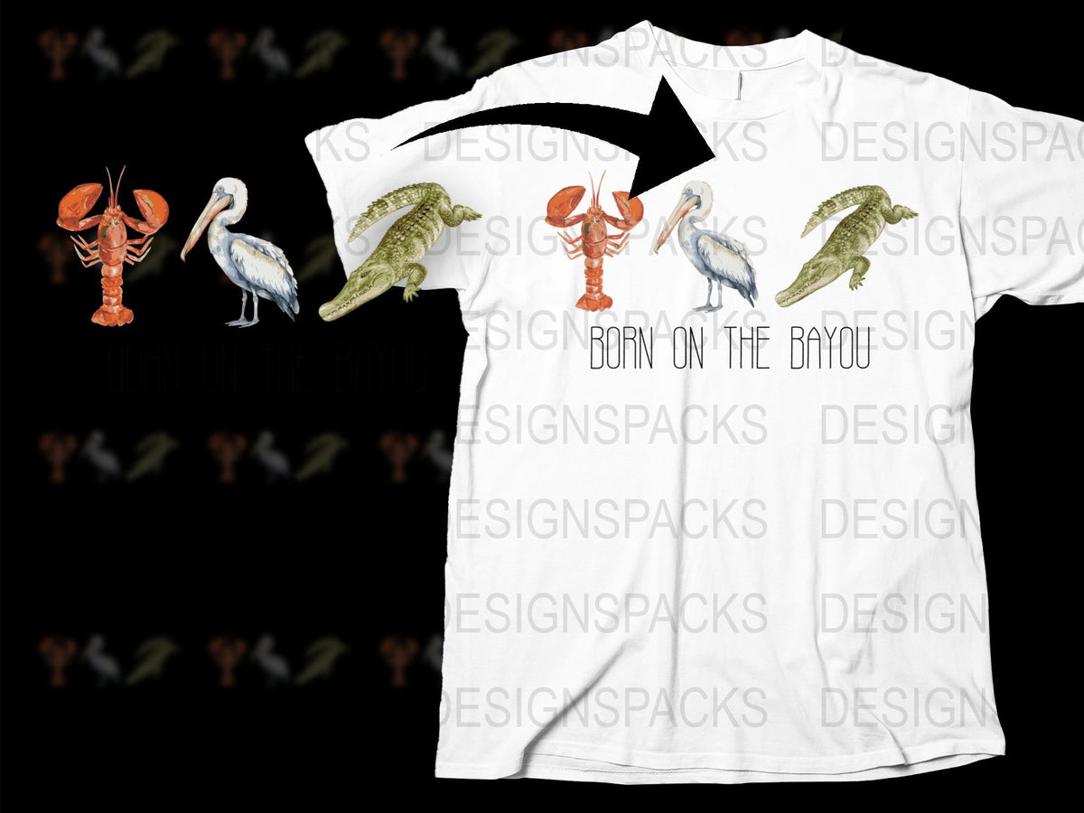 Born on the Bayou Graphic T-Shirt, Cajun Louisiana Wildlife Alligator Pelican Crayfish, Southern Style Casual Wear