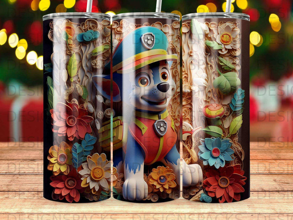 Blue cartoon dog character wearing a hat and vest with floral accents on a tumbler.