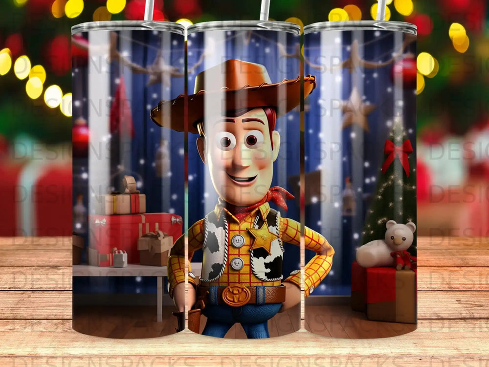 Woody from Toy Story wearing a cowboy outfit, standing in front of a decorated Christmas tree.