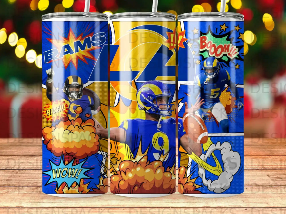 Los Angeles Rams player in action, with "WOW!" and "BOOOM!" comic graphics.