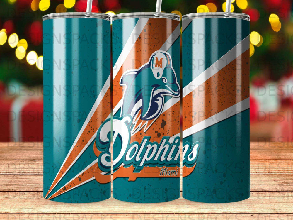 Miami Dolphins logo on a patterned tumbler with a teal and orange gradient.