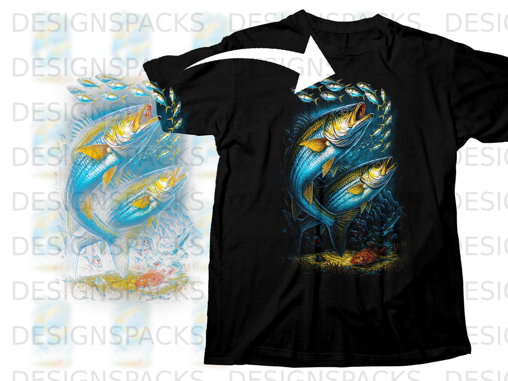 Black t-shirt with a graphic of two large fish and a school of small fish.