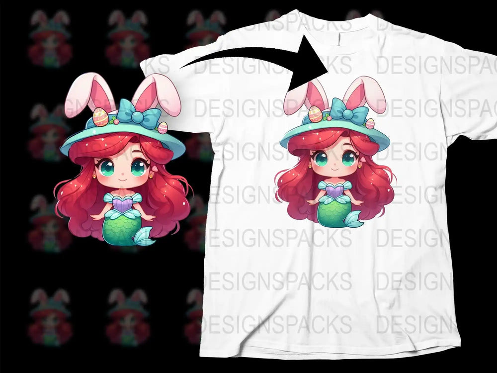 Cute Easter mermaid with bunny ears on white t-shirt, print-ready design