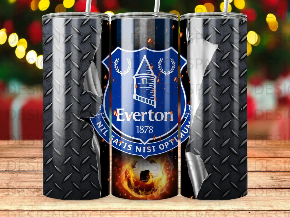 Everton FC logo with a diamond plate background and flames.