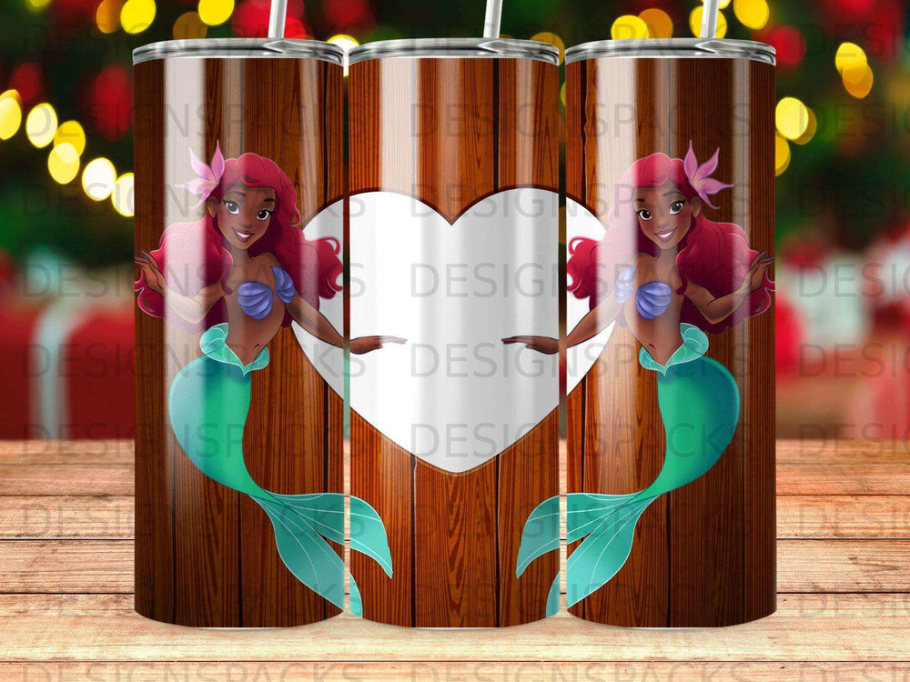 Ariel mermaid illustration on a wooden textured background with a heart cutout.