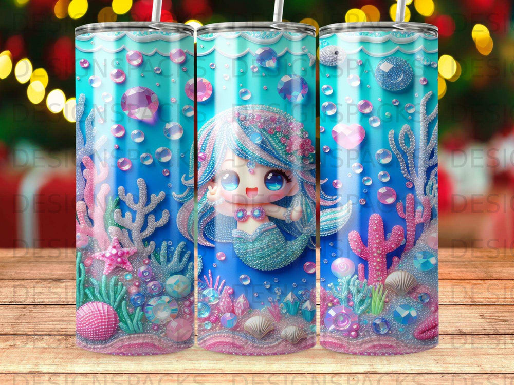 Chibi mermaid with sparkly tail and ocean details, three times.