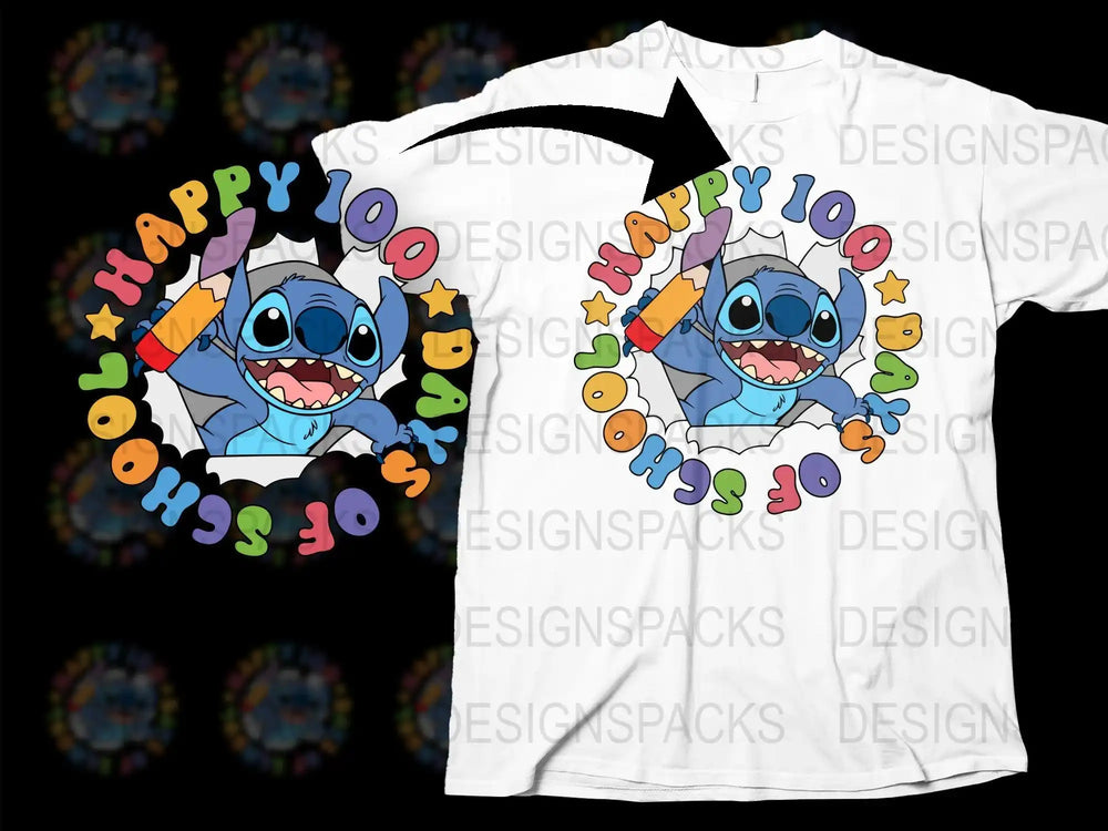 Stitch holding pencil with 'Happy 100 Days of School' text, colorful design on white t-shirt