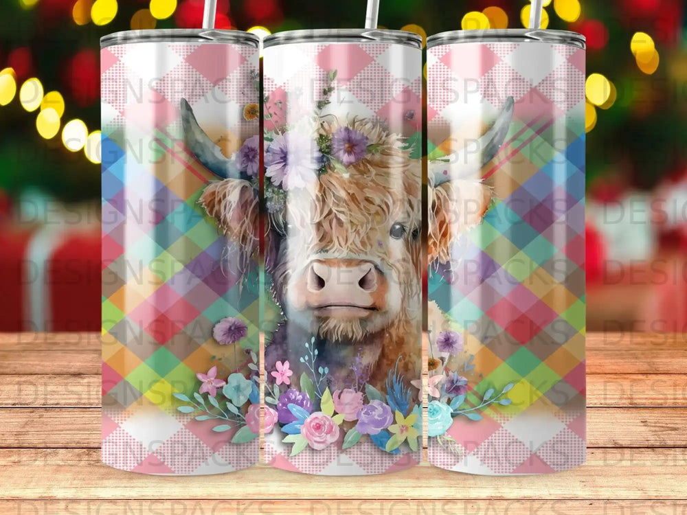 Highland cow with floral crown on plaid background tumbler design.