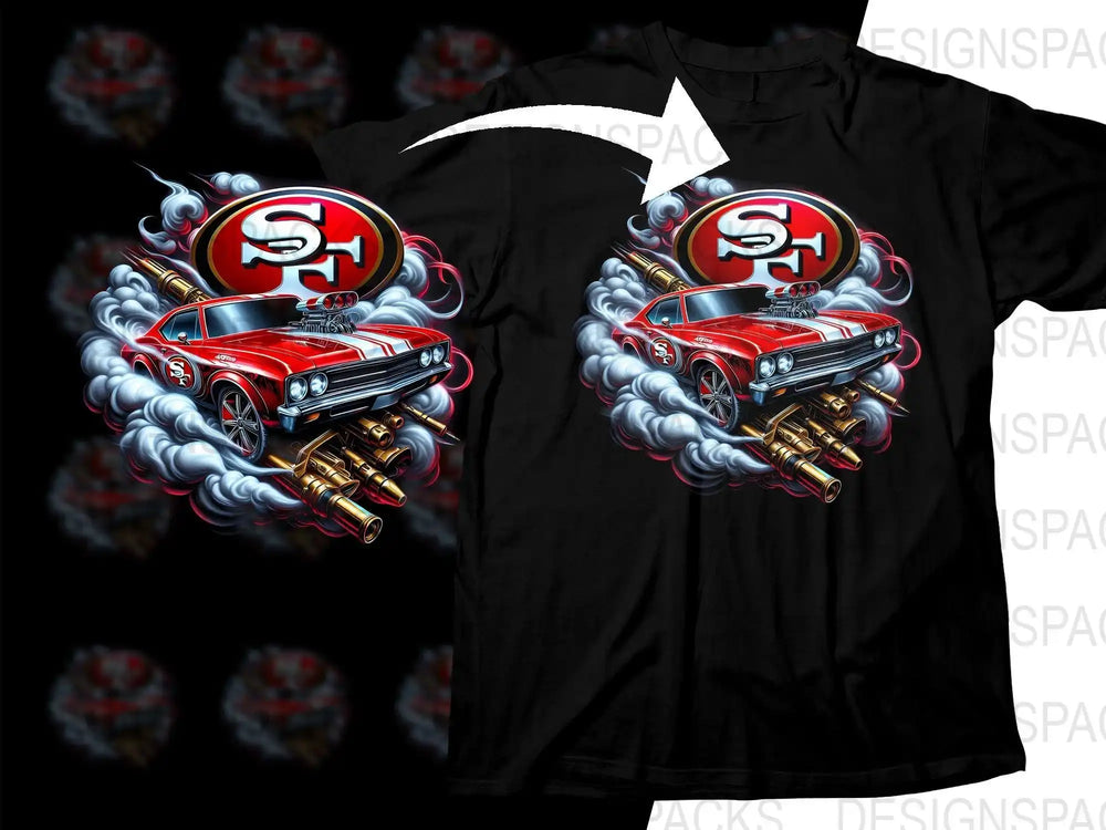 San Francisco 49ers hot rod car t-shirt design with smoke and flames, print-ready DTF/DTG bundle