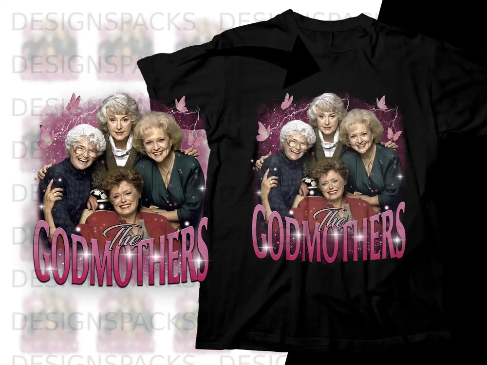 The Godmothers cast posing together on a black t-shirt.