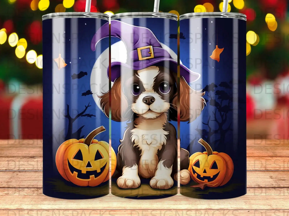Brown and white puppy in witch hat with jack-o'-lanterns.