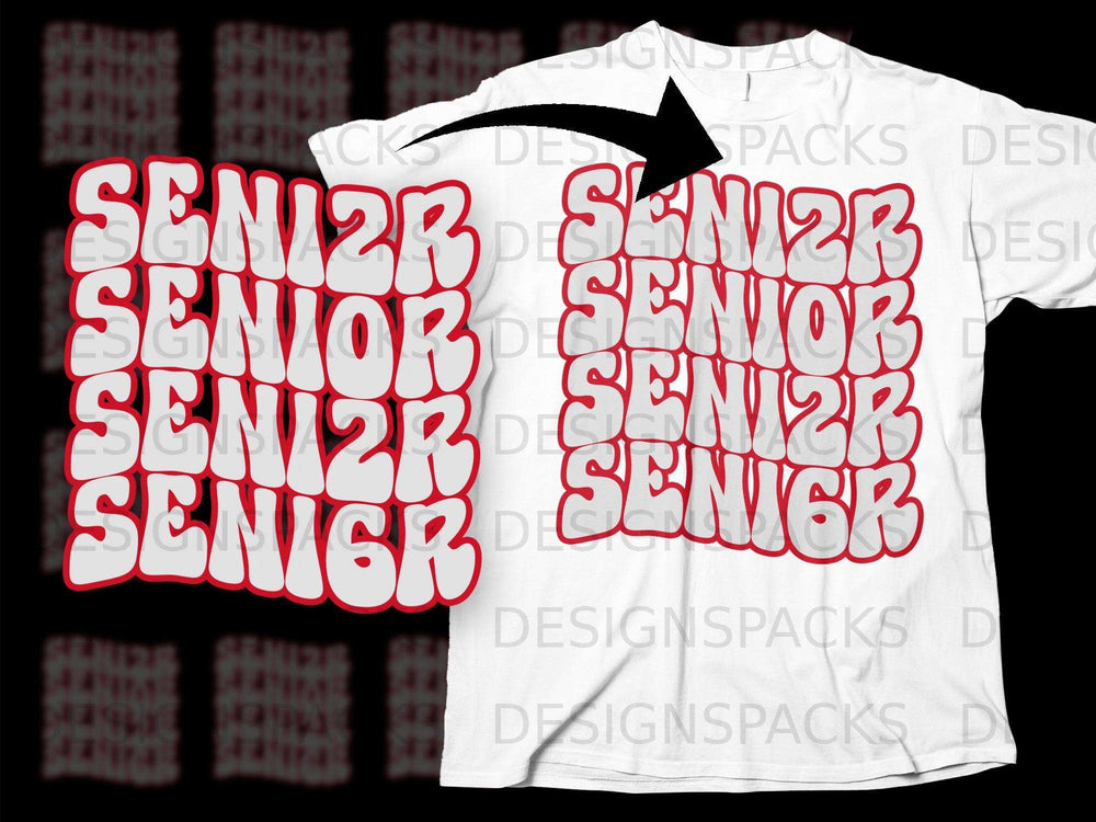 White shirt with "SENIOR" repeated in chunky red and white bubble letters.