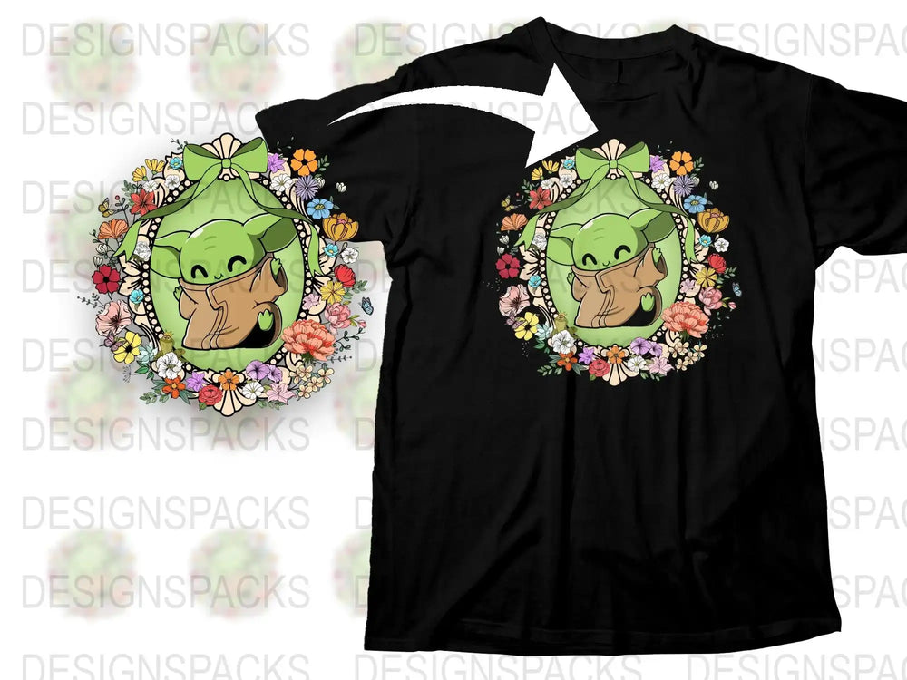 Cute Baby Yoda in floral wreath design, perfect for DTF/DTG t-shirt printing, print-ready PNG