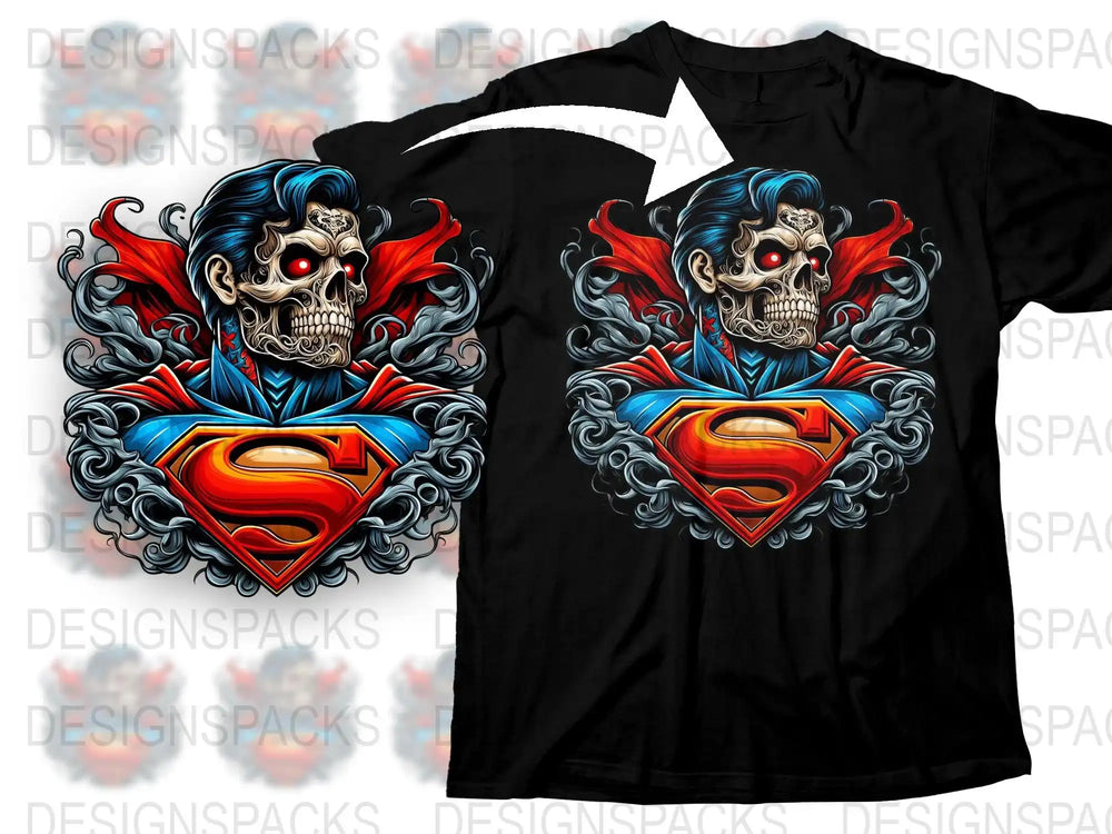 Skull Superman design on black t-shirt, print-ready DTF/DTG bundle