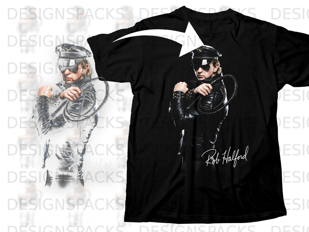 Black t-shirt with Rob Halford in leather jacket, hat, sunglasses, and whip.