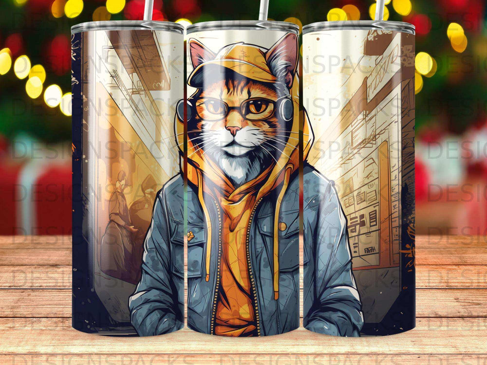 Cat wearing a hoodie and glasses, holding a leash.