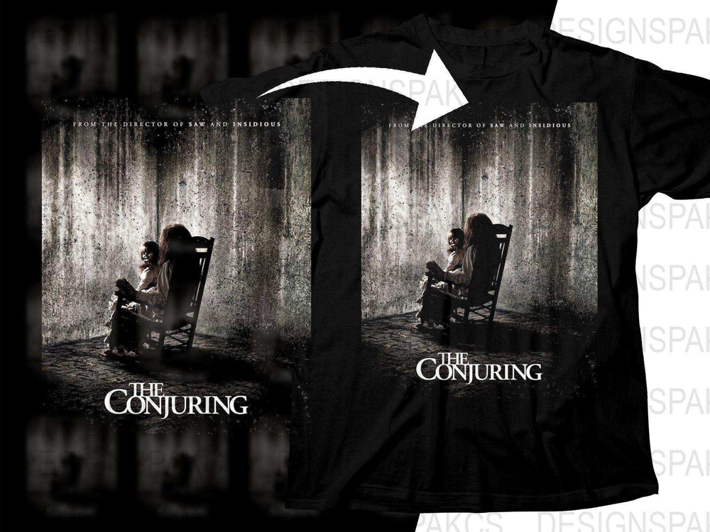 The Conjuring movie poster design on black t-shirt, horror film artwork print