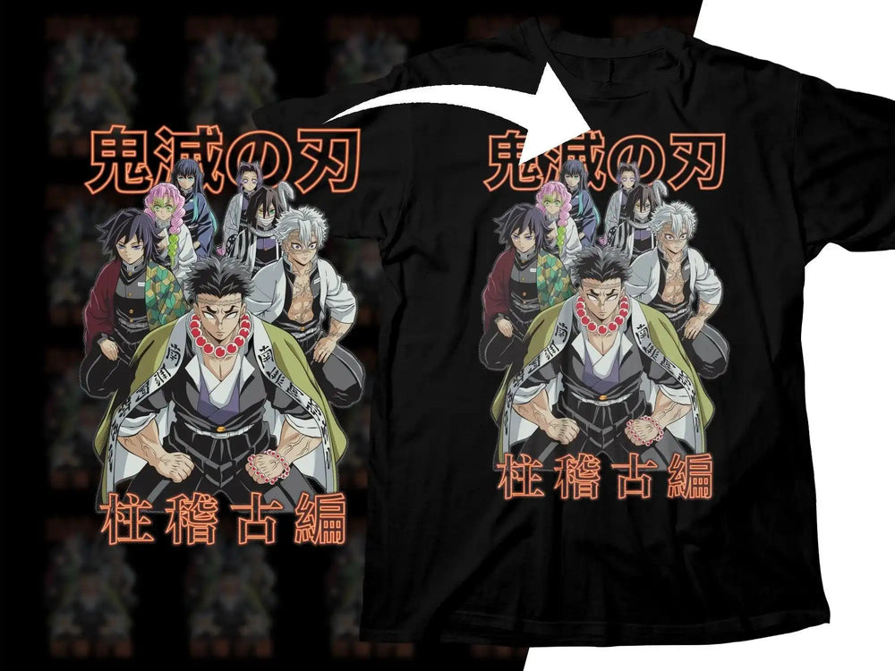 Demon Slayer anime t-shirt design with Hashira characters, print-ready for DTG or DTF