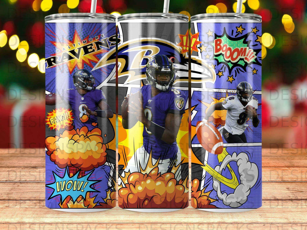 Baltimore Ravens football player in comic book style, with "BANG!!!" and "BOOM!" sound effects.