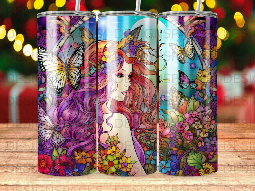 Woman with colorful hair surrounded by flowers and butterflies.