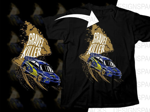 Black t-shirt with 'Gravel Killer' rally car design, print-ready for DTF/DTG, ideal for racing fans