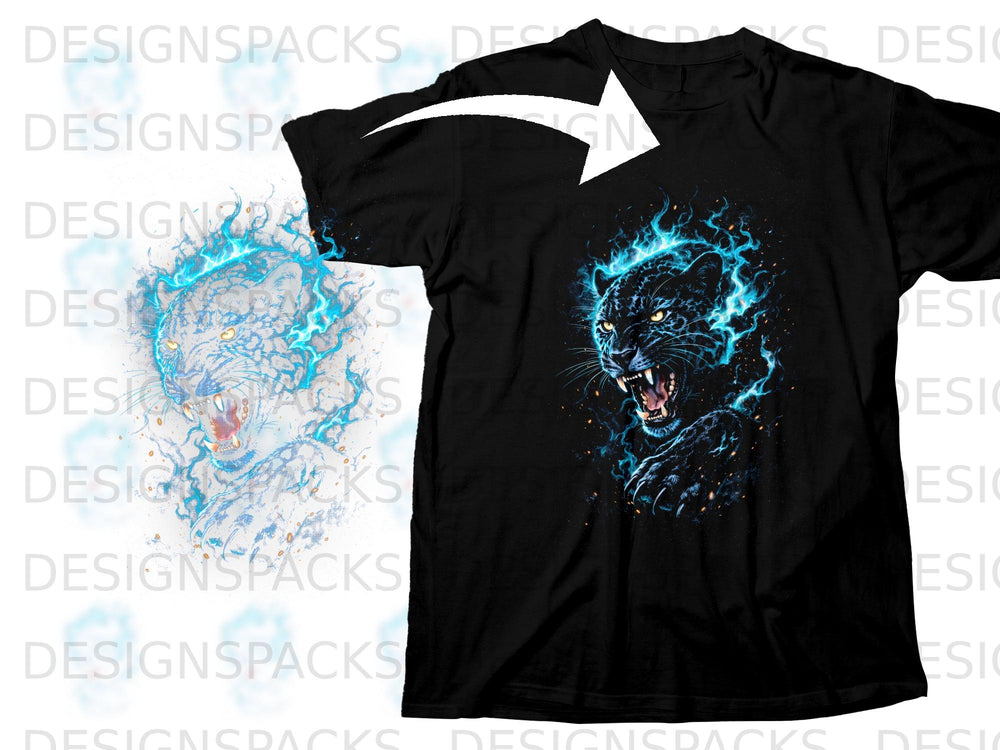 Black t-shirt with a roaring black panther graphic outlined in blue fire.
