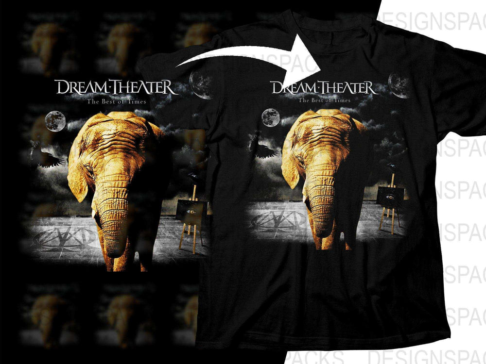 Dream Theater 'The Best of Times' t-shirt design with golden elephant, moons, and art easel for DTG/DTF printing