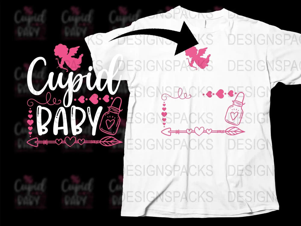 Cupid Baby design on white t-shirt with pink hearts, arrows, and jar, perfect for Valentine's Day