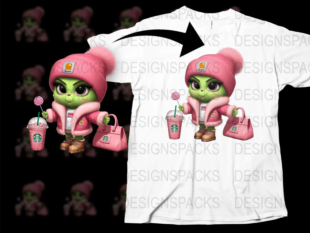 Cute green character in pink Carhartt hat and coat with Starbucks drink and bag on white t-shirt