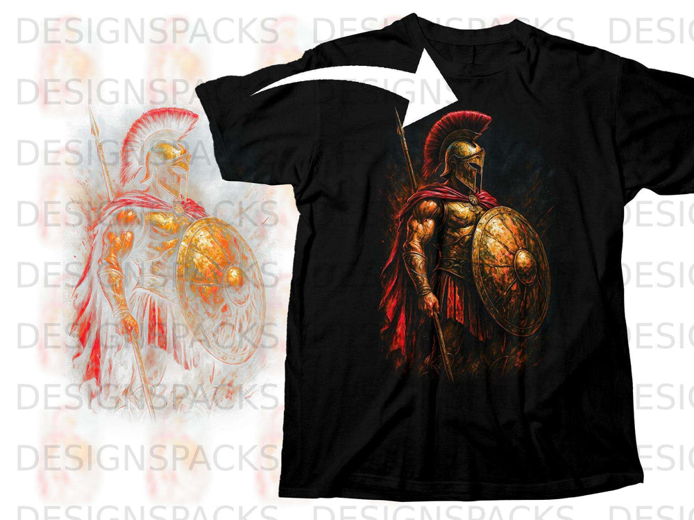 Black t-shirt featuring a close-up of a gladiator with a shield and spear.