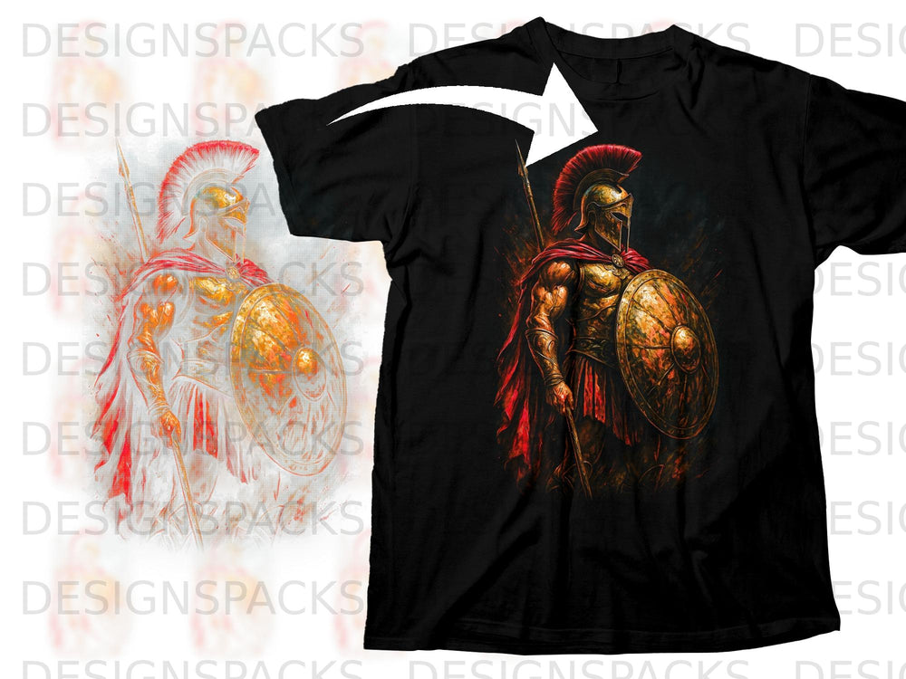 Black t-shirt featuring a close-up of a gladiator with a shield and spear.