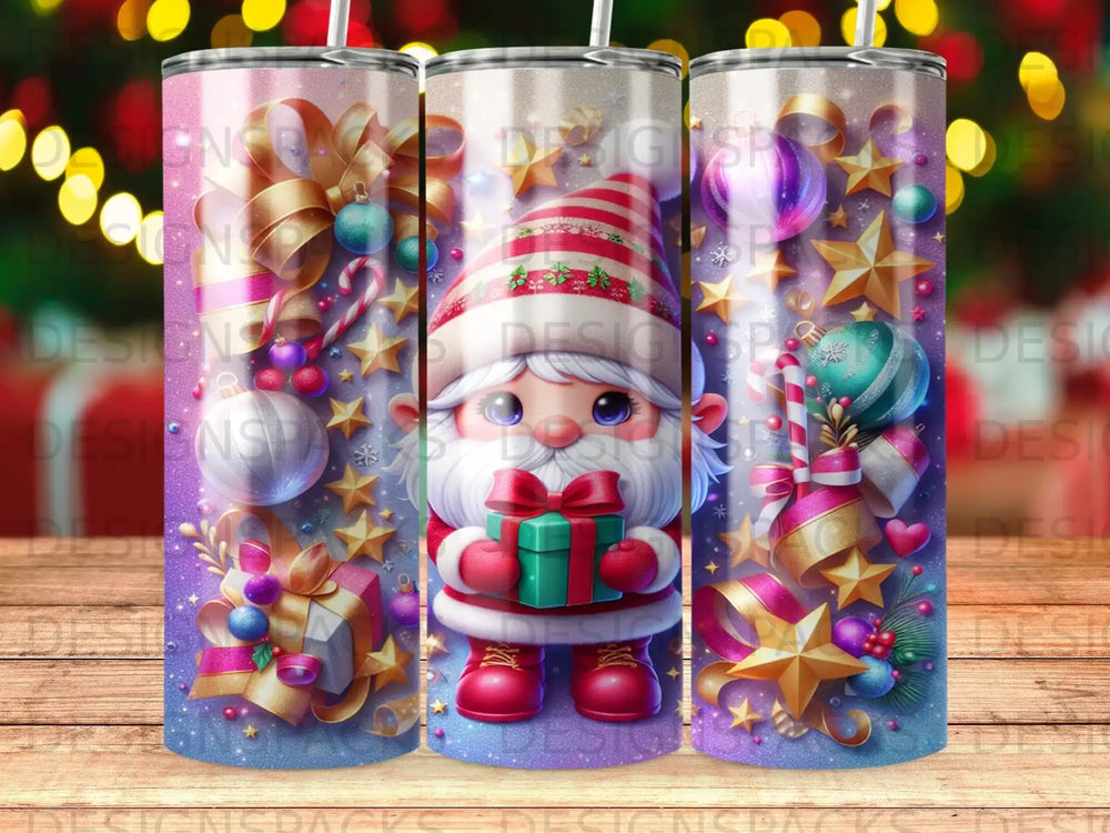 Gnome holding gift, surrounded by Christmas ornaments, candy canes, and stars.