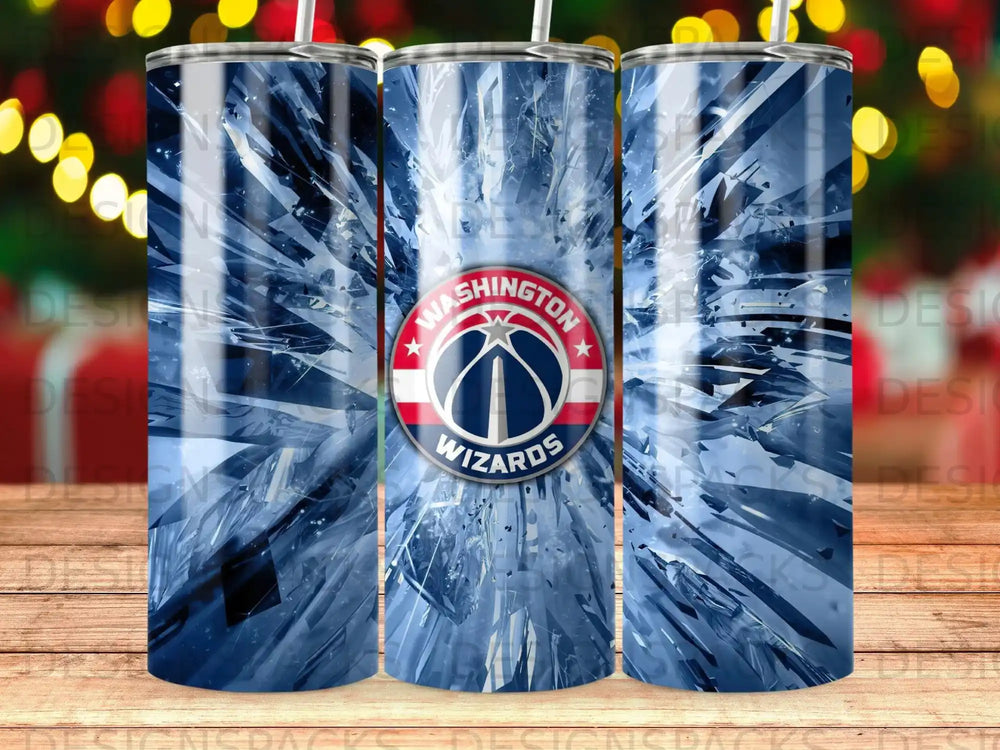 Washington Wizards logo on a blue, shattered glass pattern tumbler.