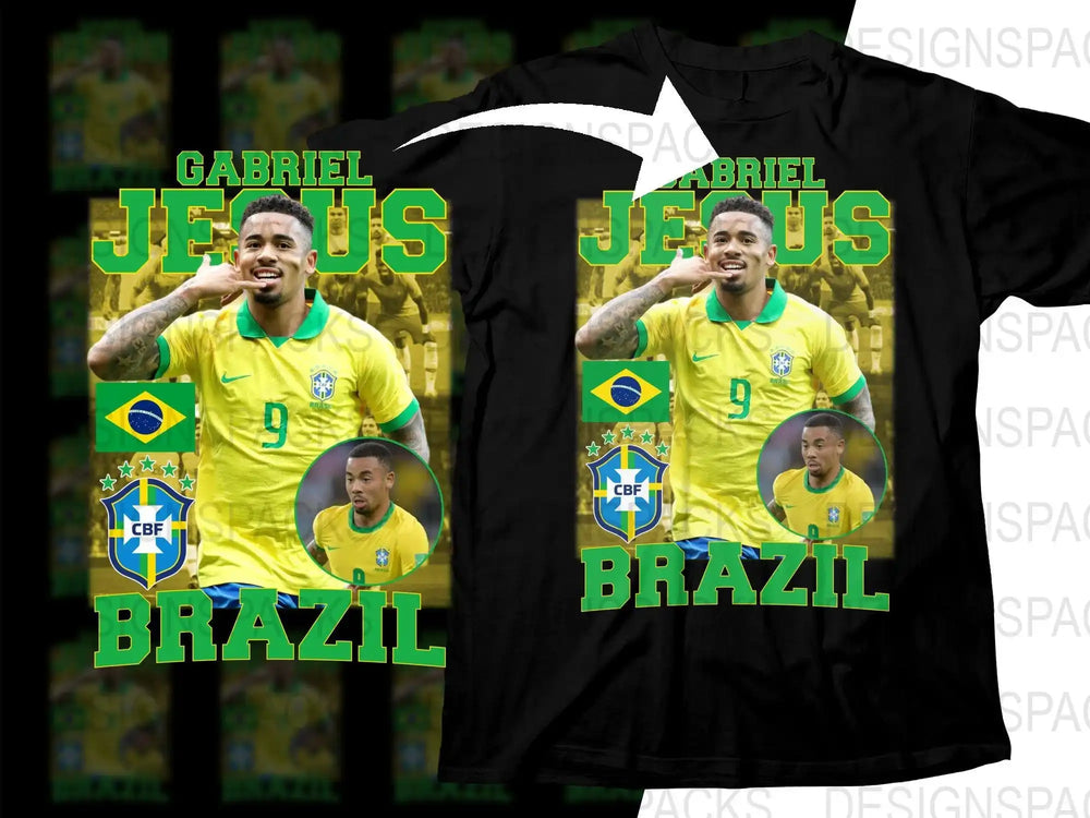 Gabriel Jesus Brazil soccer t-shirt design with CBF logo and flag, print-ready for DTG/DTF