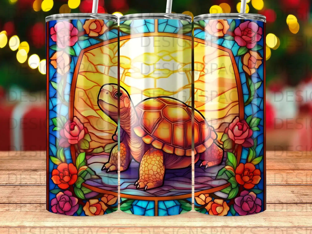 Stained glass turtle surrounded by roses and light.