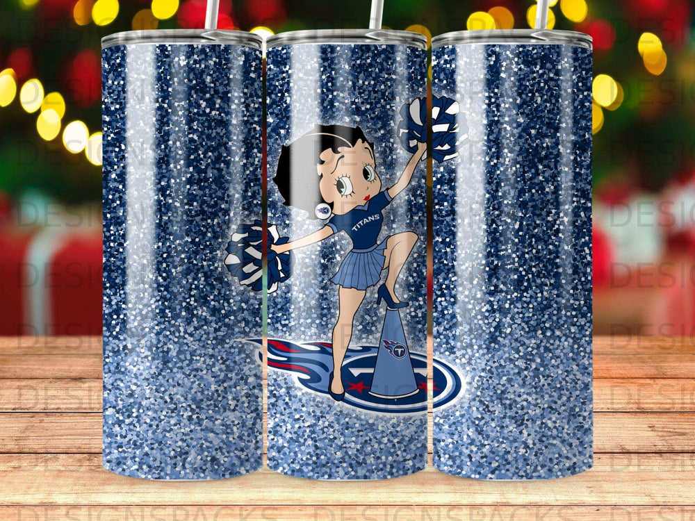 Betty Boop as a Titans cheerleader with pom-poms on a blue glitter tumbler.