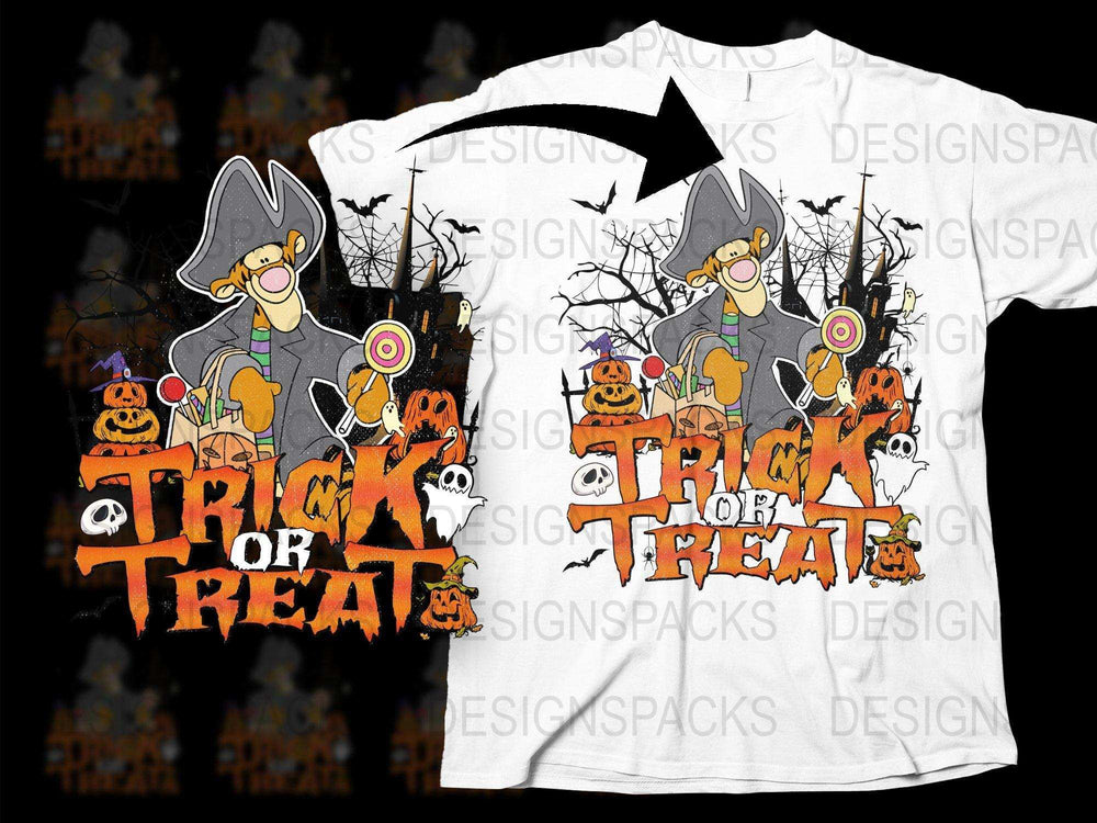 Halloween T-shirt design with Tigger, pumpkins, ghosts, and Trick or Treat text for DTF/DTG printing